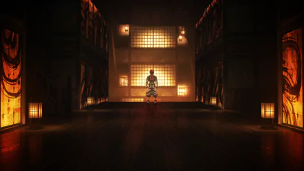HD PC desktop wallpaper featuring Akaza from the anime Demon Slayer: Kimetsu no Yaiba standing in a dimly lit, traditional Japanese interior.