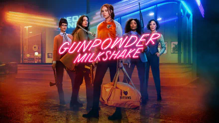 4K Ultra HD PC desktop wallpaper of the movie Gunpowder Milkshake: five women in a neon-lit street, a duffel bag at center, and the pink neon title across the foreground.
