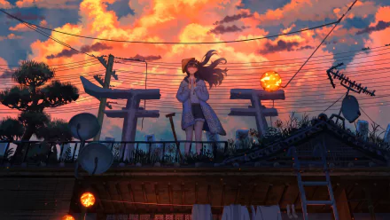 4K Ultra HD anime girl standing on a rooftop at sunset, surrounded by traditional Japanese torii gates and glowing lanterns in a vibrant, detailed background.