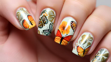 Bright summer nails featuring intricate butterfly designs on a light background, showcasing vibrant colors for a refreshing look. An HD desktop wallpaper to enhance your screen.