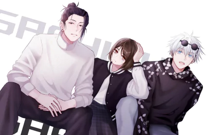 HD anime desktop wallpaper featuring Satoru Gojo, Shoko Ieiri, and Suguru Geto from Jujutsu Kaisen in a relaxed group pose.