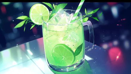 Hd Wallpaper of Refreshing Mojito Cocktail with Lime and Ice on Vibrant Background