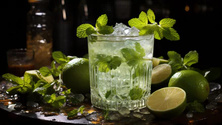 HD desktop wallpaper of a refreshing mojito cocktail garnished with fresh mint leaves, surrounded by limes on a dark background.