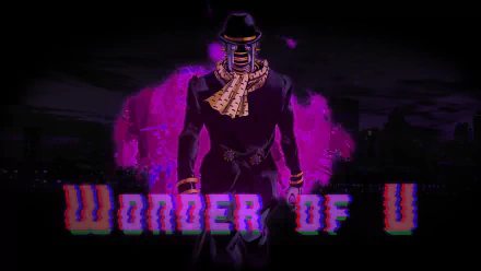 HD PC desktop wallpaper featuring Calamity from JoJo's Bizarre Adventure: JoJolion with the Stand Wonder of U, highlighted by a striking purple aura.