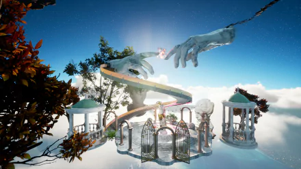 HD desktop wallpaper from the video game Only Up! featuring a surreal scene with giant hands, a floating staircase, and architectural structures against a cloudy sky.