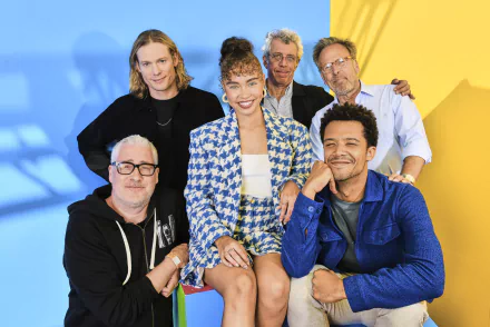 Cast of 'Interview with the Vampire' posing together for a vibrant HD desktop wallpaper and background featuring Sam Reid, Jacob Anderson, and Bailey Bass.