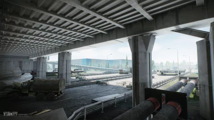 HD desktop wallpaper from the video game Escape from Tarkov featuring an under-construction highway with military vehicles.