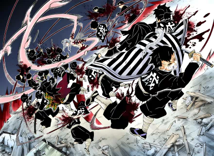 HD PC desktop wallpaper featuring dynamic characters from the anime Demon Slayer: Kimetsu no Yaiba in an intense battle scene with vibrant action effects.