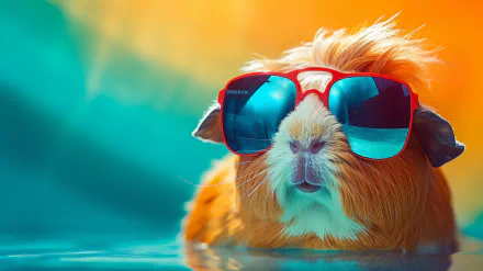 Stylish guinea pig wearing sunglasses with a colorful HD background for desktop wallpaper.