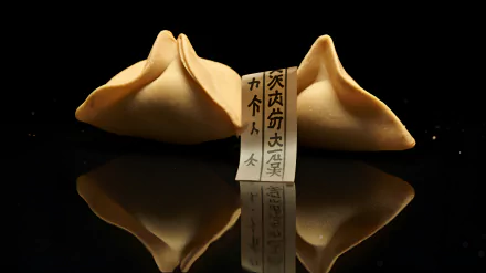 High-definition desktop wallpaper featuring two fortune cookies, one cracked with its message revealed, set against a reflective black surface.