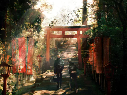 HD wallpaper featuring Yu Haibara and Kento Nanami from Jujutsu Kaisen walking towards a traditional torii gate through a serene, sunlit forest path.