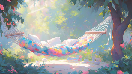 HD desktop wallpaper of a colorful hammock nestled between trees in a serene, sunlit garden, created with AI art.