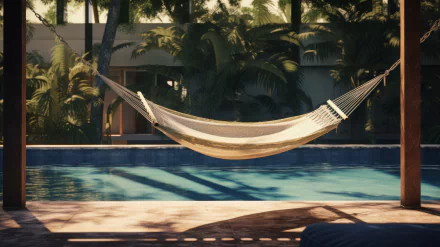 A serene HD desktop wallpaper featuring a hammock beside a shimmering pool, surrounded by lush greenery, showcasing the charm of man-made relaxation in nature.