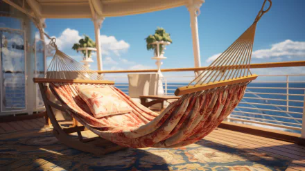A vibrant HD desktop wallpaper featuring a beautifully crafted hammock on a sunlit terrace, complemented by palm trees and a serene ocean view, showcasing striking AI art.