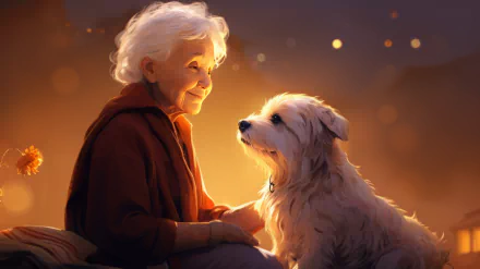 Warm and affectionate AI art of a smiling grandmother with her loving dog, in a high-definition desktop wallpaper with a cozy, glowing background.
