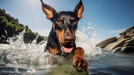 HD desktop wallpaper featuring a Doberman Pinscher swimming energetically in water, with splashes around and a clear blue sky in the background.