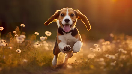 HD desktop wallpaper featuring a beagle running joyfully through a field of flowers, with a warm, glowing sunset in the background.