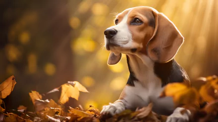 HD desktop wallpaper featuring a beagle in a sunlit forest, surrounded by autumn leaves, basking in a warm glow.