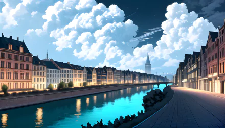 HD PC desktop wallpaper featuring AI art of an anime cityscape with vibrant buildings along a river under a bright, cloud-filled sky.