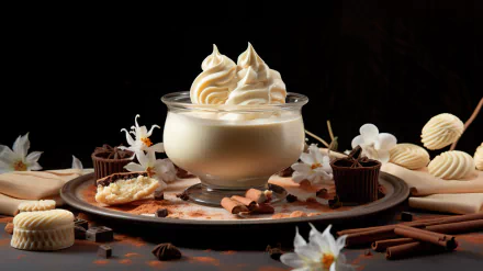 HD desktop wallpaper of a vanilla dessert setup featuring a bowl of whipped cream surrounded by cookies, chocolates, and cinnamon sticks, all arranged aesthetically on a dark backdrop.