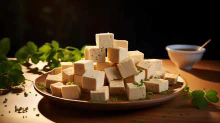 HD desktop wallpaper featuring a beautifully arranged plate of cubed tofu, garnished with herbs, in a warmly lit setting.