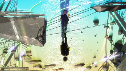 HD PC desktop wallpaper from the anime Mob Psycho 100, featuring a character standing amidst floating debris and shattered glass with birds flying in a vibrant sky.