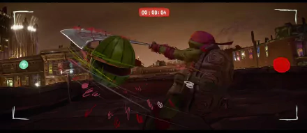 HD desktop wallpaper featuring a scene from Teenage Mutant Ninja Turtles: Mutant Mayhem with a dynamic action pose of a Turtle character.