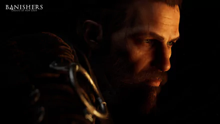 HD desktop wallpaper from Banishers: Ghosts of New Eden, featuring a close-up of a bearded male character in shadowy lighting, highlighting intense, contemplative facial features.