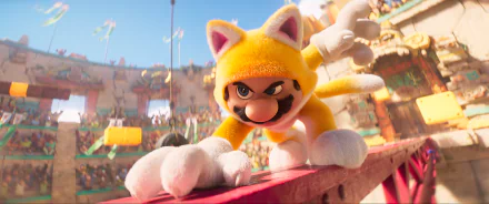 HD desktop wallpaper from Super Mario Bros. (2023) featuring Mario in his Cat Suit, energetically leaping into action in a colorful, detailed setting.
