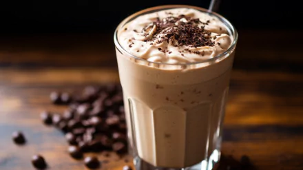 HD wallpaper of a delectable coffee milkshake topped with whipped cream and chocolate shavings, accompanied by scattered coffee beans on a wooden surface.