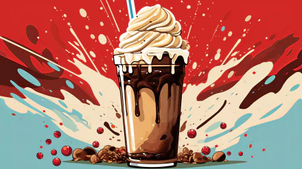 Alt Text: HD desktop wallpaper featuring a stylized coffee milkshake with whipped cream, surrounded by coffee beans and dynamic splash art in the background.