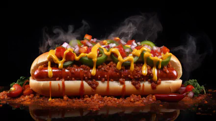 A delicious chili dog topped with mustard, onions, and peppers, surrounded by fresh ingredients, set against a dark background for an enticing HD desktop wallpaper.