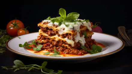 A decadent lasagna topped with fresh basil and accompanied by vibrant tomatoes, presented on a classic plate, creating an enticing HD desktop wallpaper background.