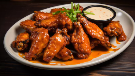 A tempting platter of chicken wings glazed in sauce, accompanied by a bowl of dipping sauce and garnished with green onions, serving as a vibrant HD desktop wallpaper.