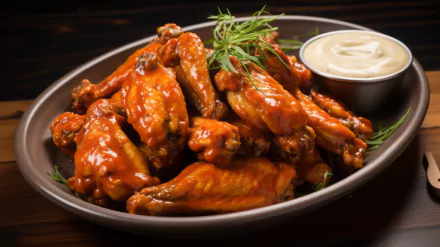 HD Wallpaper of Delicious Chicken Wings with Dipping Sauce on Wooden Background