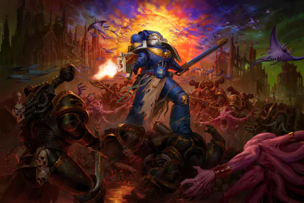 HD desktop wallpaper from Warhammer 40,000: Boltgun, depicting a Space Marine battling against a horde of enemies on a chaotic battlefield.
