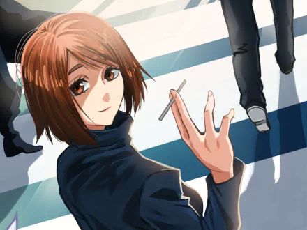 HD PC wallpaper of Shoko Ieiri from Jujutsu Kaisen: brown-haired anime woman in a dark uniform smiling over her shoulder, holding a cigarette as people walk by.