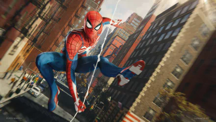 HD desktop wallpaper of Spider-Man swinging through the city from Marvel's Spider-Man Remastered video game.