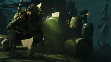 HD desktop wallpaper from the video game Edge of Nowhere, featuring a character stealthily moving past barrels in a dimly lit, atmospheric setting.