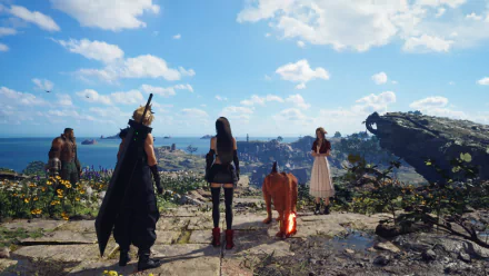 HD desktop wallpaper of characters from Final Fantasy VII Rebirth standing on a cliff, overlooking a scenic, vibrant landscape with clear skies.