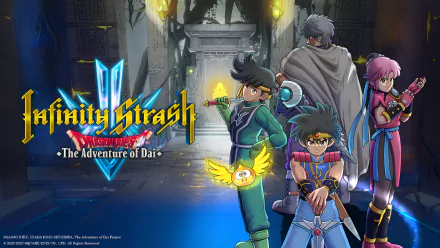 HD desktop wallpaper for Infinity Strash: DRAGON QUEST The Adventure of Dai featuring key characters posed in a mystical temple setting.
