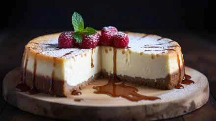 A decadent cheesecake topped with raspberries and mint, drizzled with caramel sauce. This HD AI art image makes a stunning desktop wallpaper or background for food lovers.