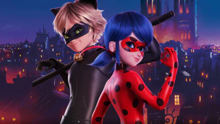 Misc HD PC desktop wallpaper from Miraculous: Ladybug & Cat Noir — The Movie, featuring Ladybug and Cat Noir back-to-back on a nighttime rooftop with glowing city lights.