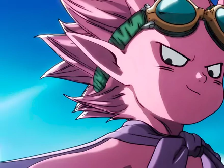 HD desktop wallpaper featuring a close-up of a pink-haired anime character from Sand Land, wearing goggles, against a blue sky background.