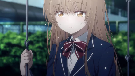 Mahiru Shiina from The Angel Next Door Spoils Me Rotten stands in the rain, holding an umbrella, in this detailed 8K Ultra HD anime desktop wallpaper.