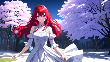 4K Ultra HD anime art of a red-haired girl in a white dress standing amidst blossoming cherry trees under a clear blue sky, blending vibrant colors and detailed AI artistry.