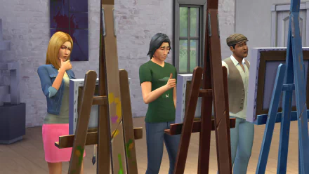 HD desktop wallpaper from The Sims 4 featuring three characters painting in an art studio.