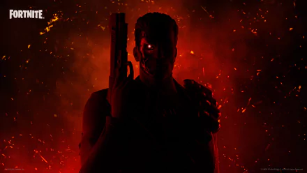 HD desktop wallpaper featuring the Terminator from Fortnite, set against a fiery red backdrop, holding a gun, perfectly capturing the action-packed essence of the video game.