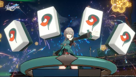 HD desktop wallpaper of Qingque from Honkai: Star Rail, featuring the character standing on a platform with floating cards in a vibrant cosmic setting.