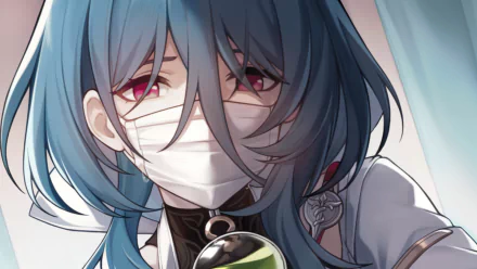 HD desktop wallpaper featuring Natasha from Honkai: Star Rail, depicted with blue hair, a white mask, and a focused gaze.